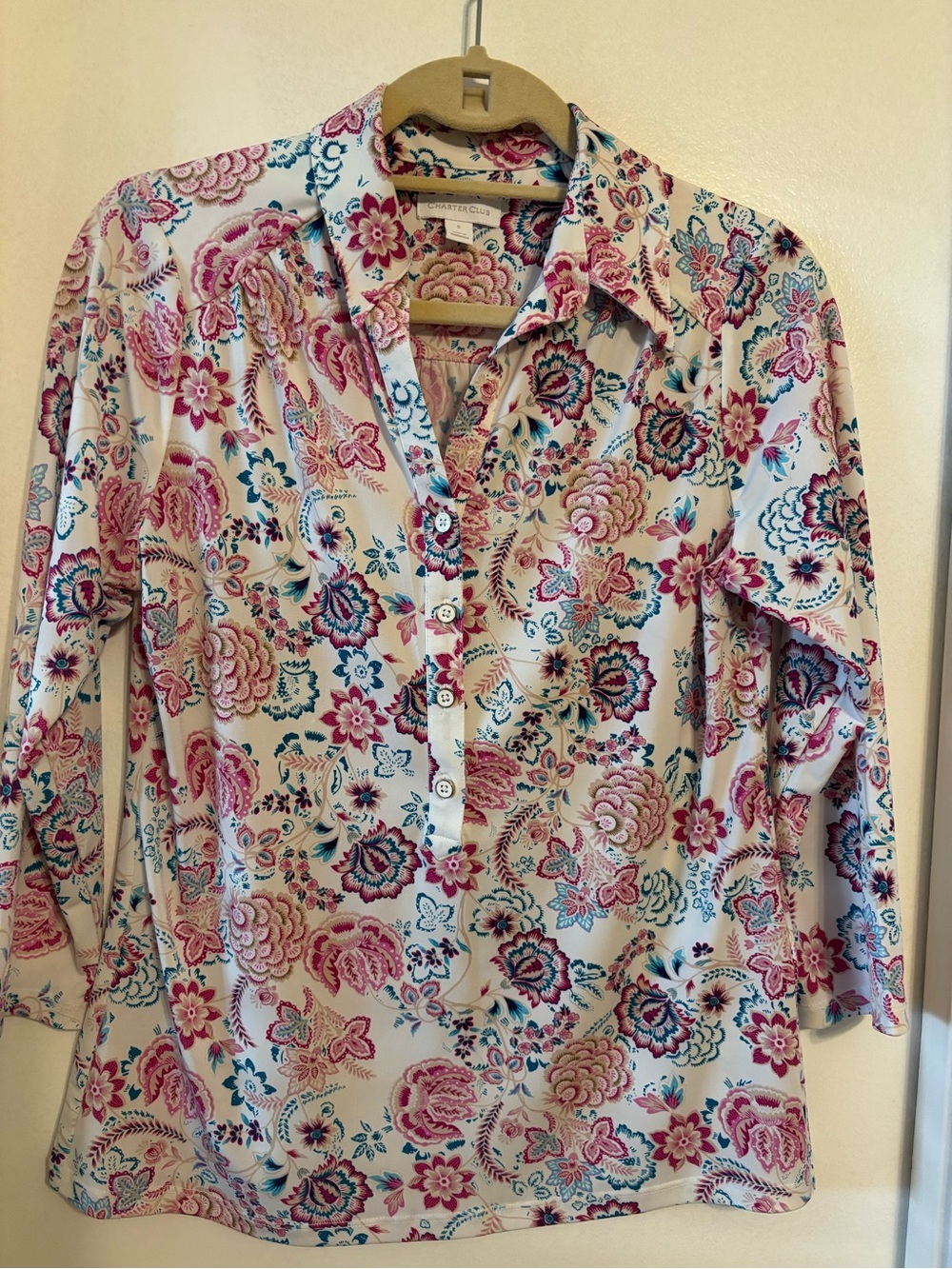 Charter Club Cream Floral Button-Front Shirt with Pink & Teal Accents